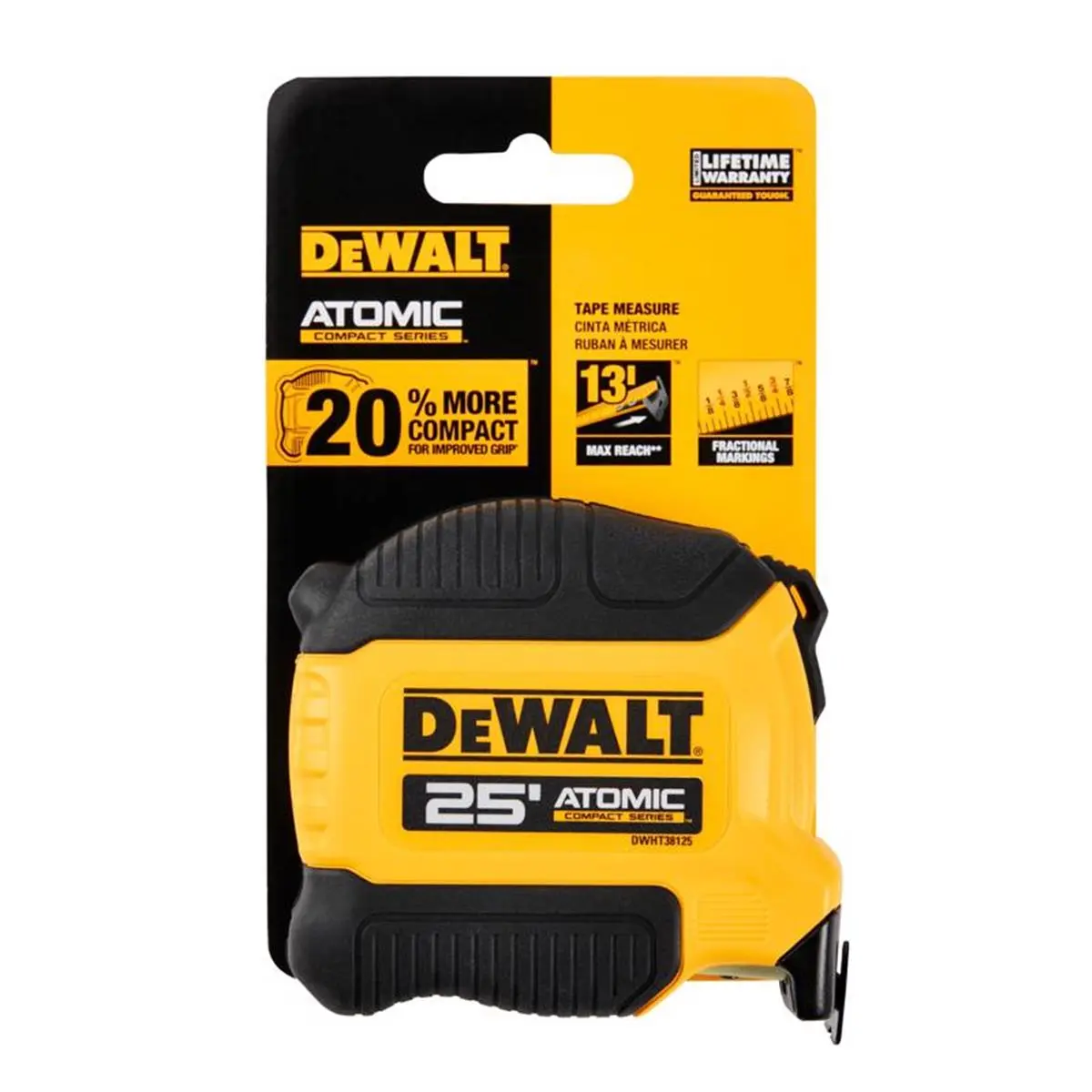 212 MAIN Atomic Series Retractable Portable Tape Measure, 25 ft x 1.125 in Compact Hardware Hand Measuring Tool, Model 2023933, Black & Yellow