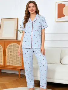 Women's Casual Cherry Pattern Sleepwear Set, Short Sleeve Cardigan Top + Long Pants, Comfortable Loose Fit, All Seasons Home Wear