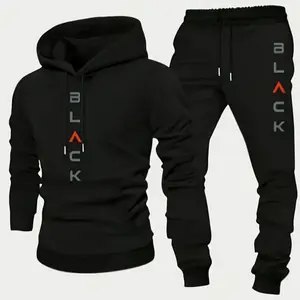 Men's all-black "BLACK" print hooded set with red-tag color blocking, slim fit for comfort, suitable for everyday street style and casual wear, exuding American street fashion vibes