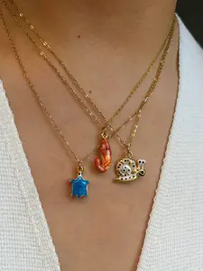 Women's Stainless Steel Necklace with Colorful Enamel Pendant, Snail Turtle Shrimp Design Jewelry, Waterproof Daily Wear Accessory