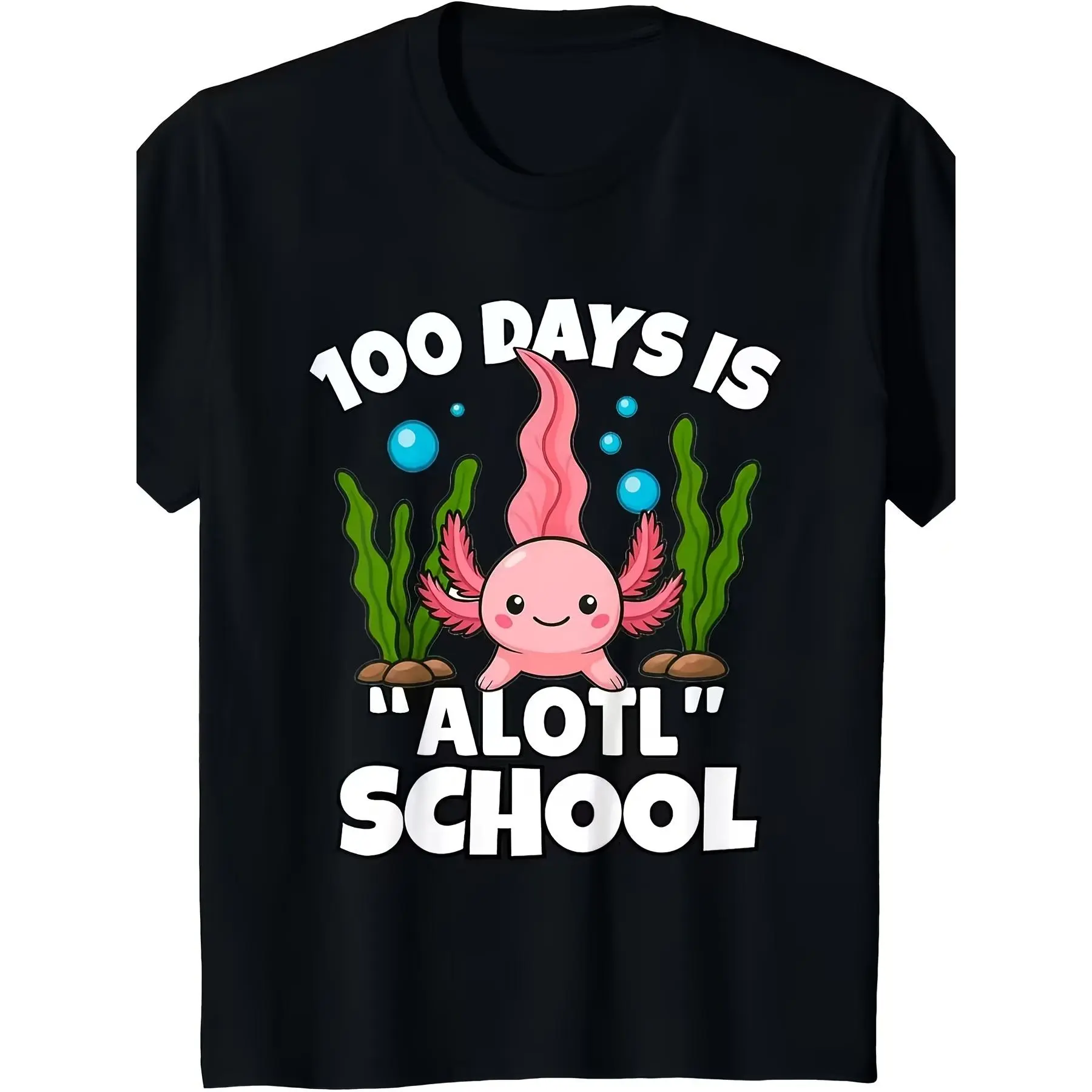 Women's Minimalist 100 Days of School Axolotl Graphic Print Short-Sleeve Tshirt - Cute Animal Casual Top, Machine Washable, Sizes 120-160