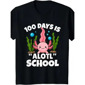 100 Days of School Axolotl Graphic Print Short Sleeve T-Shirt - Minimalist Women's Top, Cute Animal Apparel, Machine Washable, Sizes 120-160, Short Sleeve Tops