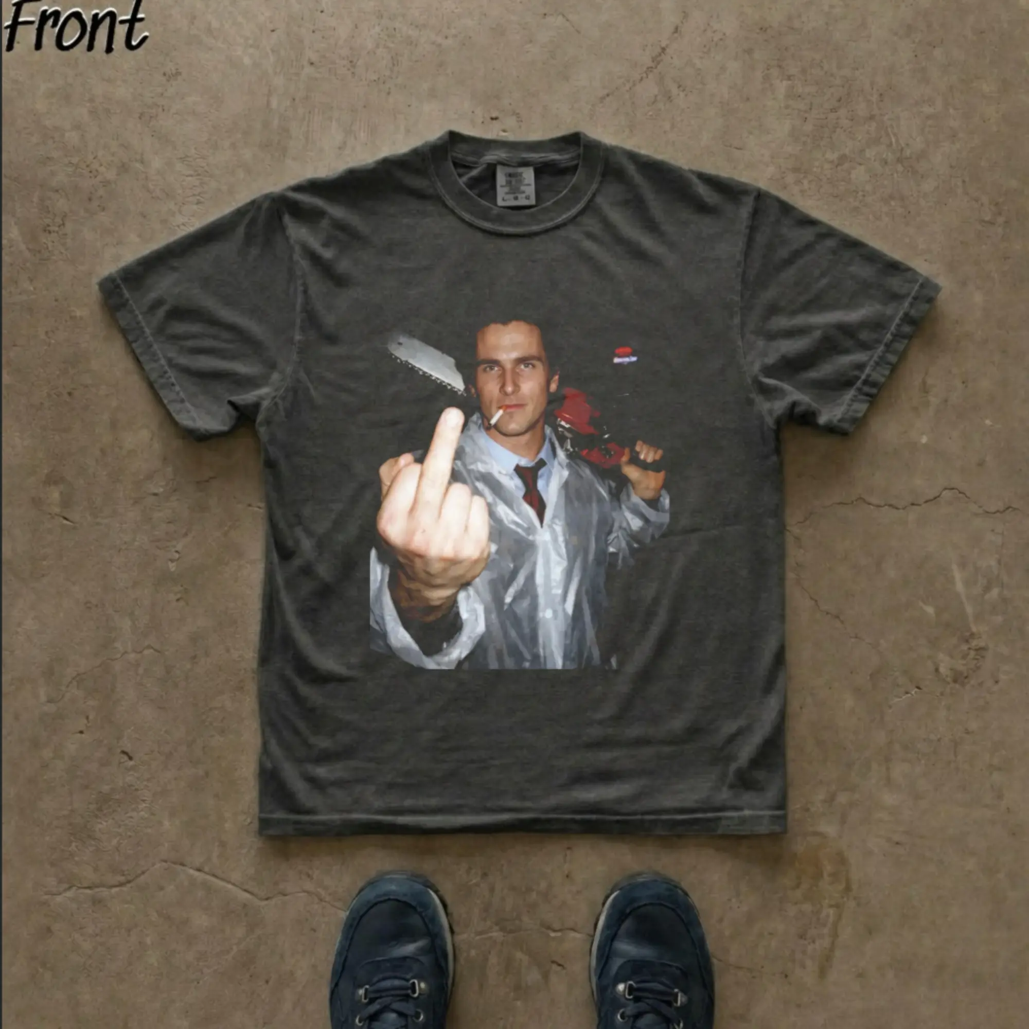 Vintage Patrick Bateman American Psycho Chainsaw Middle Finger T-Shirt - Retro Unhinged Cult Movie Graphic Tee, Savage Meme Shirt, Funny Movie Graphic Tee, Fitted Shortleeve T-Shirt - Men's Black Round Neck Menswear, Gift For Men, Gift For Women