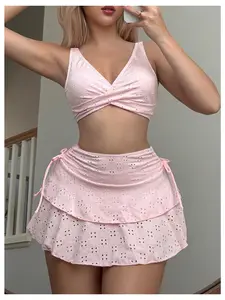 Women’s 3PCS Eyelet Bikini Set with Skirt – Cute Ruffle Swimwear, Triangle Top & High Waist Bottom, Summer Beach Outfit