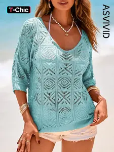 Women's Casual Solid Round Neck Lightweight Bracelet Sleeve Flower Cut-out Crochet Knitwear Sweater for Summer, Ladies Clothes for Daily Wear