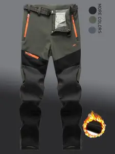 Men's Winter Fleece Lined Hiking Pants, Windproof Waterproof Outdoor Long Trousers with Waist Belt, Casual Sporty Straight Leg