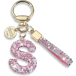 Pink Blue White Initial Letter Keychain Gift for Women Girls Bling Sparkly Cute Backpack Car Key Accessories Lanyard