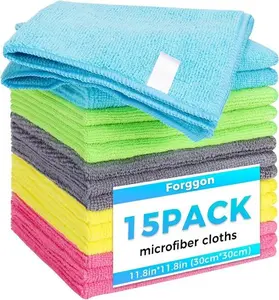 Microfiber Cleaning Cloth 15-Pack - Ultra Absorbent Reusable Cloths for Home, Kitchen, Car, 11.8x11.8 Inch Multi-Purpose Towels, 5 Colors (Green/Blue/Yellow/Pink/Grey)