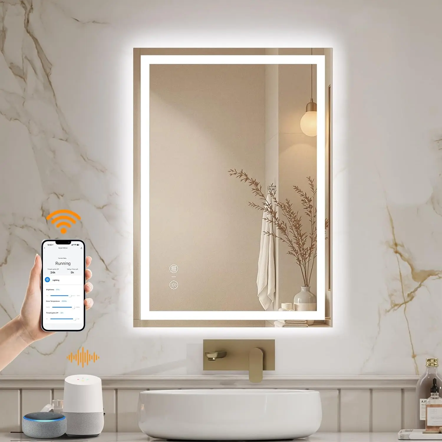 ENZE Modern Aluminum Glass Rectangular Wall-Mounted Smart LED Bathroom Vanity Makeup Mirror - WiFi, Alexa Voice Control, Anti-Fog, Dimmable 3-Color Lighting, Waterproof, Plug-in/Hardwired, Horizontal/Vertical Installation, Touch Screen Control