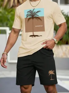 Men's Letter and Palm Tree Print Tropical Round Neck Short Sleeve Shorts Set, Co Ord Set, Casual Vacation, Comfortable Ensemble, All over Print, Fitted, Menswear