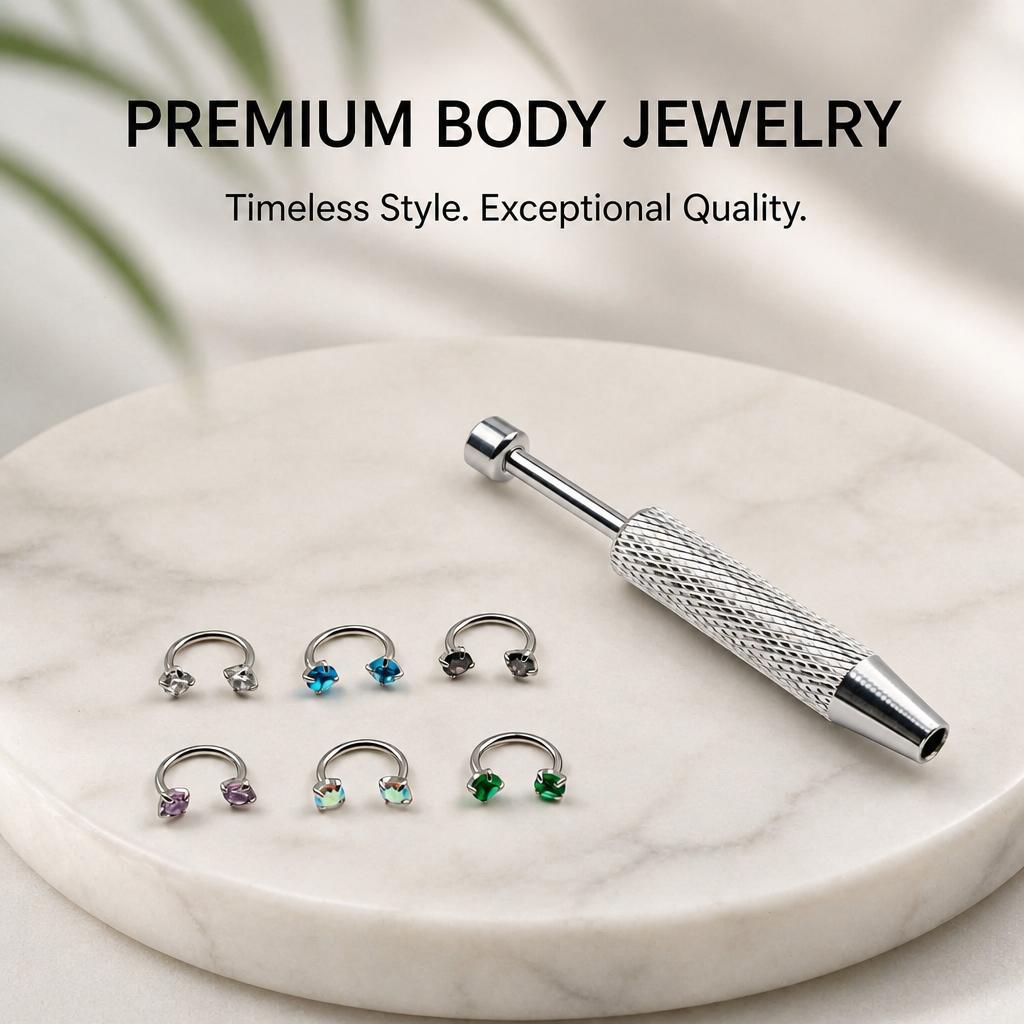 Nose Piercing Jewelry Set, 6pc 18G Internally Threaded Gem Horseshoe & Hoop Rings in 316L Titanium Steel with Guiding Needle