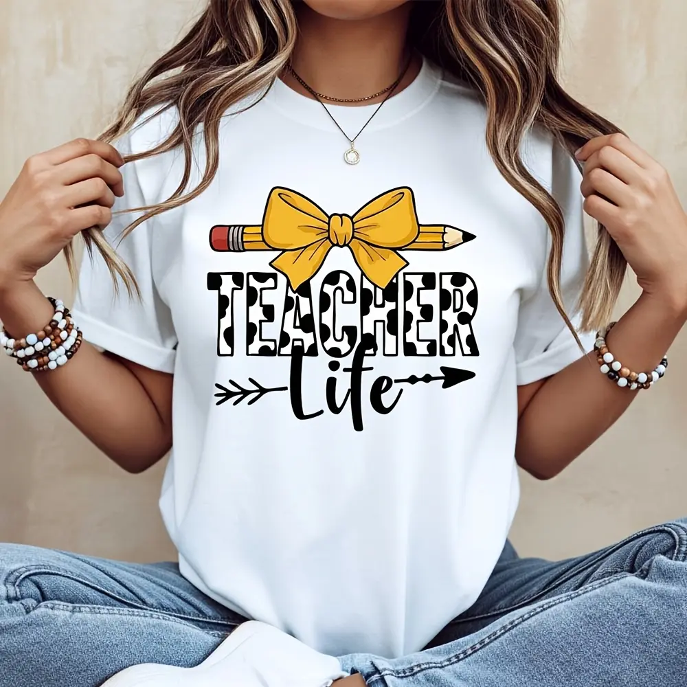 Yellow Bow Pencil Teacher Life Graphic T-Shirt, Back To School Education Theme, Casual Daily Wear For Educators