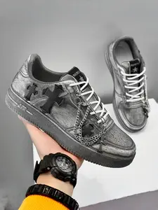 Men's Vintage Stylish Casual Athletic Sneakers - Metal Chain + Cross Decoration, Distressed Design, For Daily Wear & Trendy Styling, Comfortable & Eye-catching, Sports Shoes