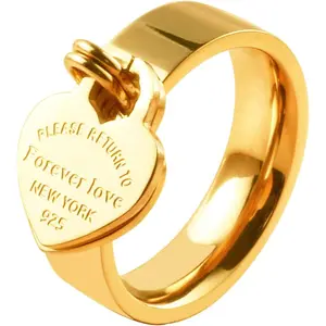 Graduation Gift Rings with Charms for Girlfriend, 6mm Heart Dangle Ring Graducation Gift 18k Gold Plated Ring Engraved Promise Ring Jewelry