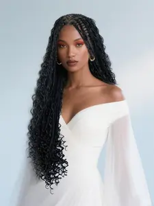 360° HD Full Lace Braid Wig Cornrow Bohemian Crochet Braids Boho Braid Wig with Curly Ends Handmade Crochet Box Braid Wig with Baby Hair Black Natural 30 Inch Synthetic Full Lace Braided Wigs Daily Used