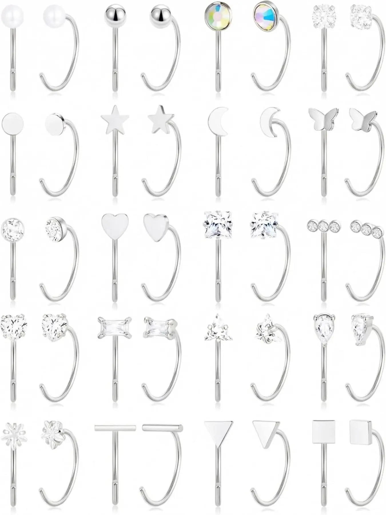 20 Pcs Half Circle Earrings Set, Stainless Steel Cartilage Ear Cuffs, Women's Cz Star Moon Teardrop Pearl Butterfly Heart Earrings