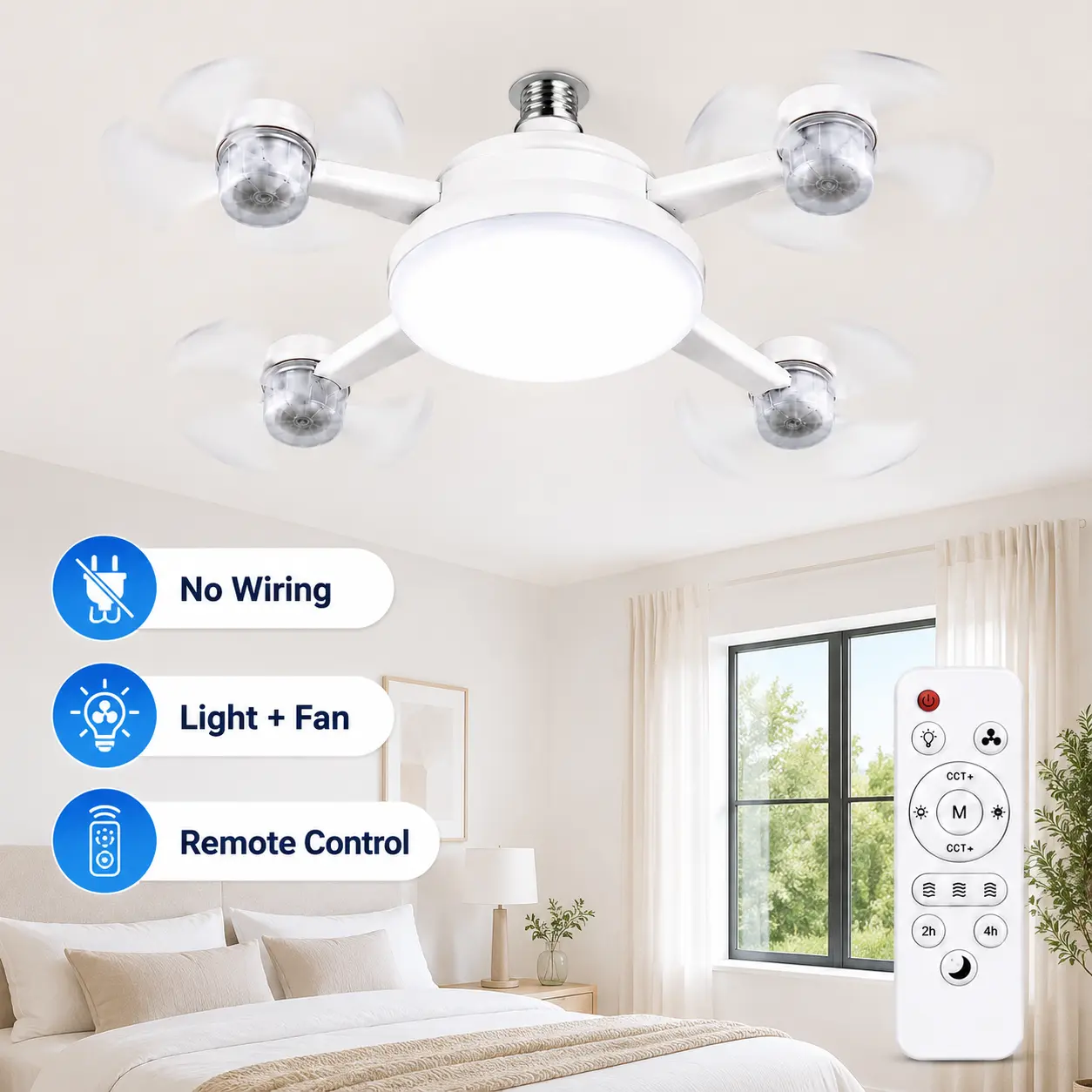 4-Head E26/E27 Socket Ceiling Fan with LED Light and Remote, Screw-In Light Bulb Fan with Multiple Speeds, 2H/4H Timer, Space-Saving Fan Light for Bedroom, Garage and Kitchen