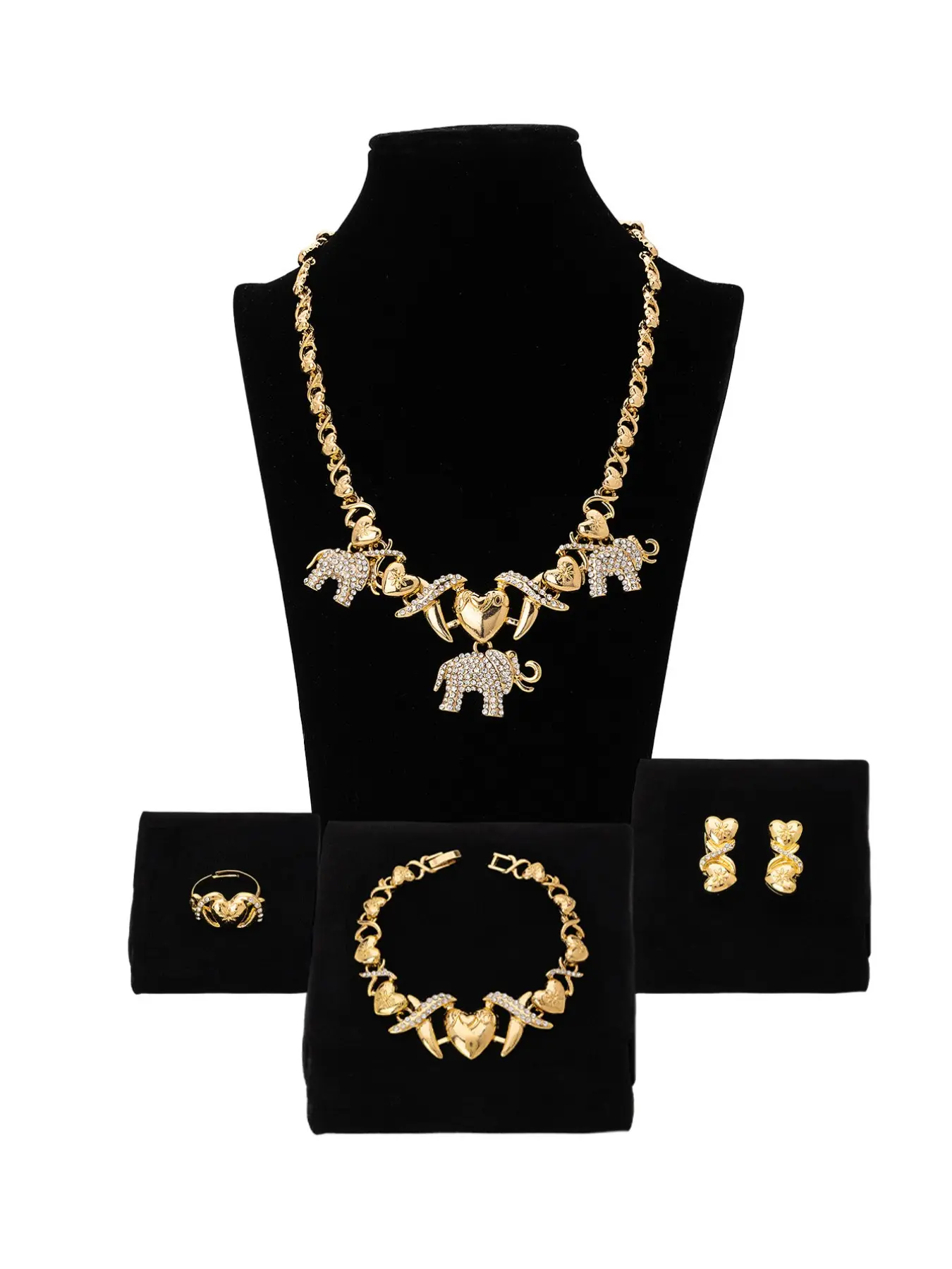 4 Piece Classic Heart Pendant Necklace Ring Earrings Bracelet Fashion Xo Jewelry Set, Trendy Valentine's Day Gift for Her
