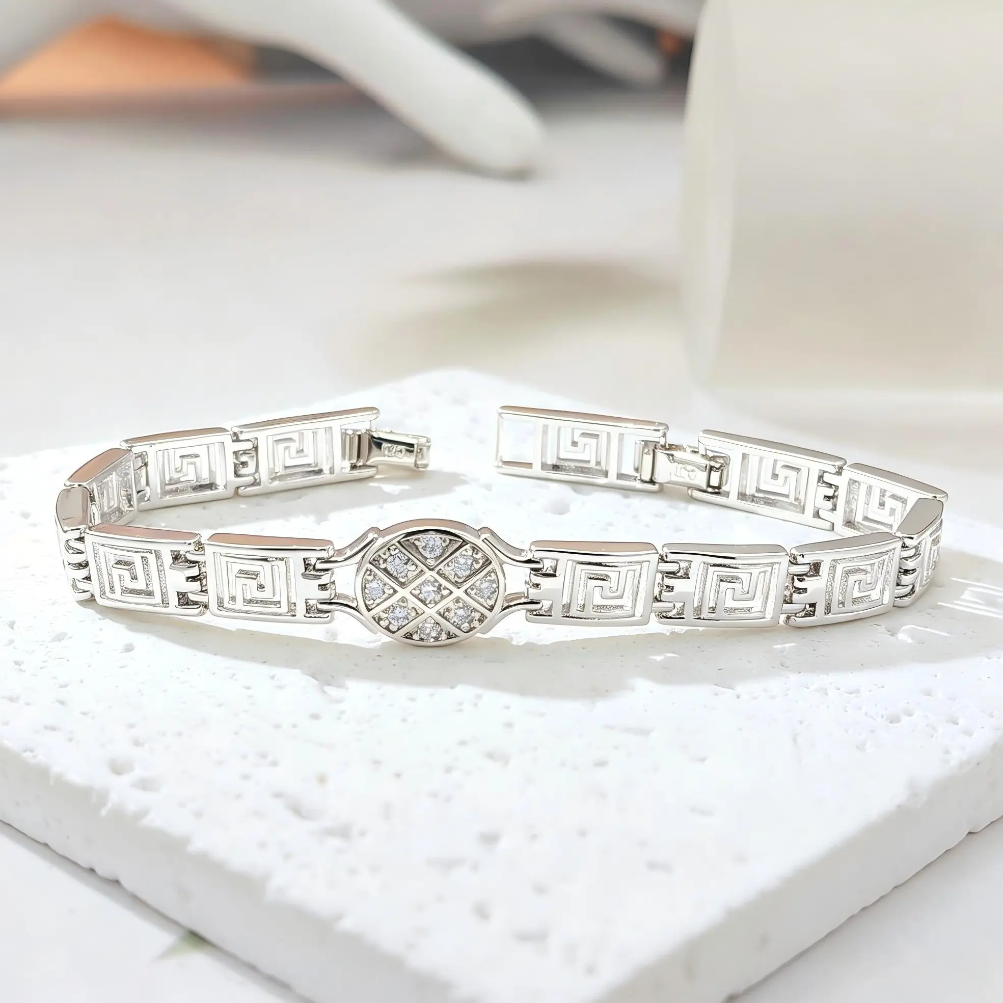 925 Sterling Silver Greek Key Meander Link Bracelet for Women, Dainty Round Pave Crystal Charm Wrist Chain Bracelet Elegant Jewelry Gift for Birthday Anniversary