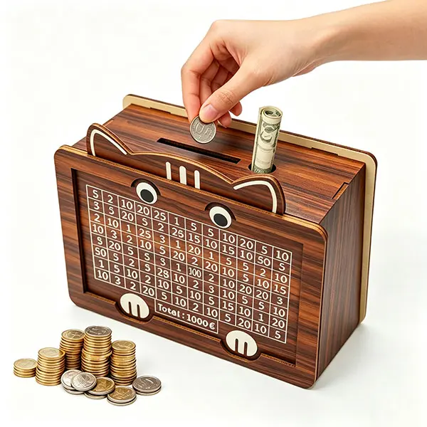 Wooden cash safe box, upgraded savings challenge box, wooden cash savings box, wooden piggy bank with counter, portable retro cash coin savings box, wooden savings goal piggy bank for boys and girls