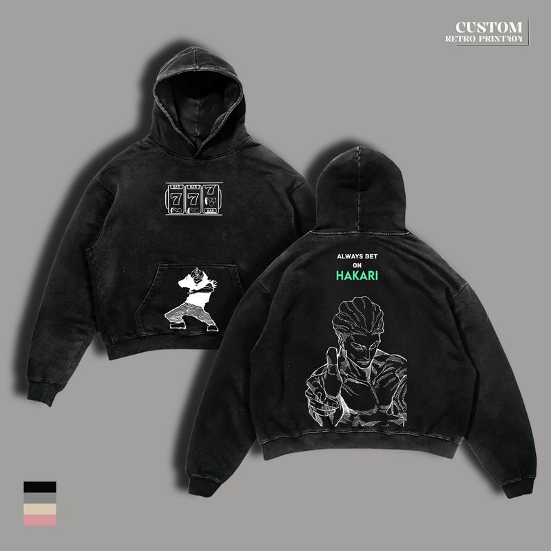 Hakari Kinji JJK Anime Double Printed Vintage Washed T-Shirt & Hoodie, Unisex Oversize Heavyweight Cotton Streetwear for Anime Fans and Lovers