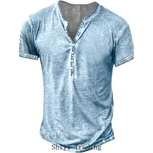 Mens Distressed Henley Shirts Retro Short Sleeve Tee Shirts Casual Button Washed T-Shirts for Men