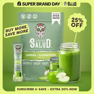 Salud 2-in-1 [Greens + Superfoods – Green Apple] Daily Greens Drink Mix,Agua Fresca,  Gut Health & Bloating Support, Probiotics & Prebiotics, Vegan, Non-GMO, Easy-to-Drink Greens Powder (15 Servings)