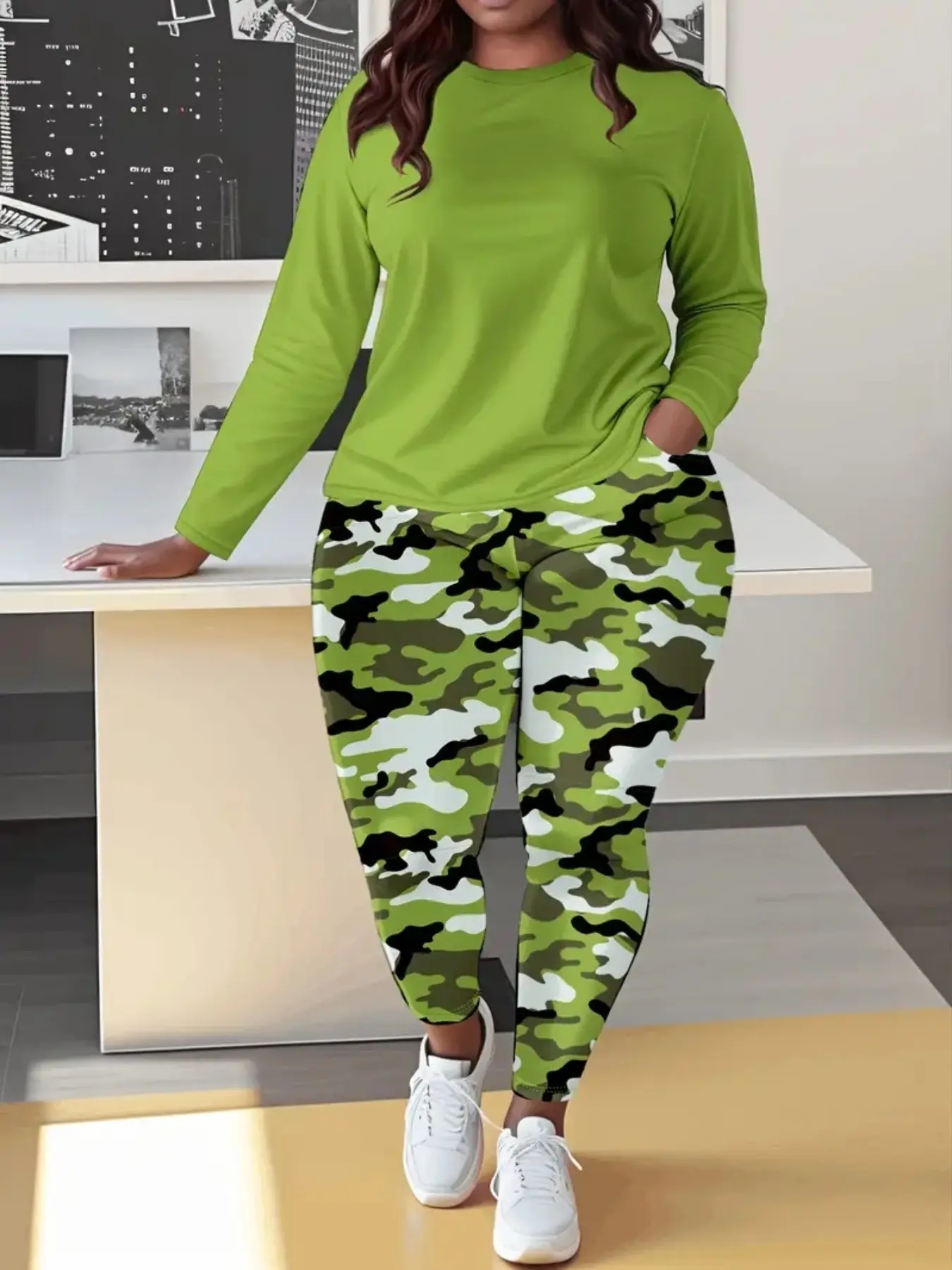 Women's Solid Color Long Sleeve Top and Camo Pants Casual Daily Two-Piece Set, Comfortable and Stylish for Everyday Wear