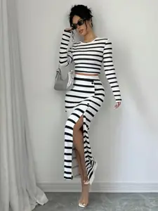Women's Striped Print Crop Top & Split Thigh Button Skirt Two-piece Set, Striped Sets, Casual Long Sleeve Round Neck Top & High Waist Skirt for Daily Wear, Ladies Clothes for All Seasons, Fall outfit, Casual Outfits Women