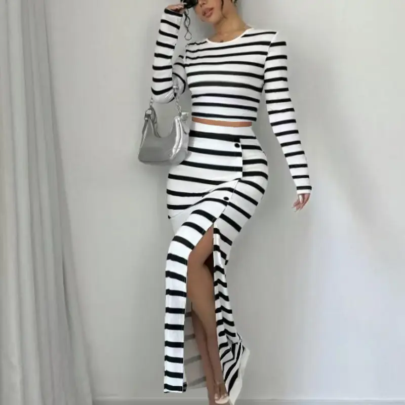 Women's Striped Crop Top & Button-Front Slit Skirt Two-Piece Set, Casual Long-Sleeve Round-Neck Top & High-Waist Skirt for Daily Wear, Women's Outfit for All Seasons, Clothes