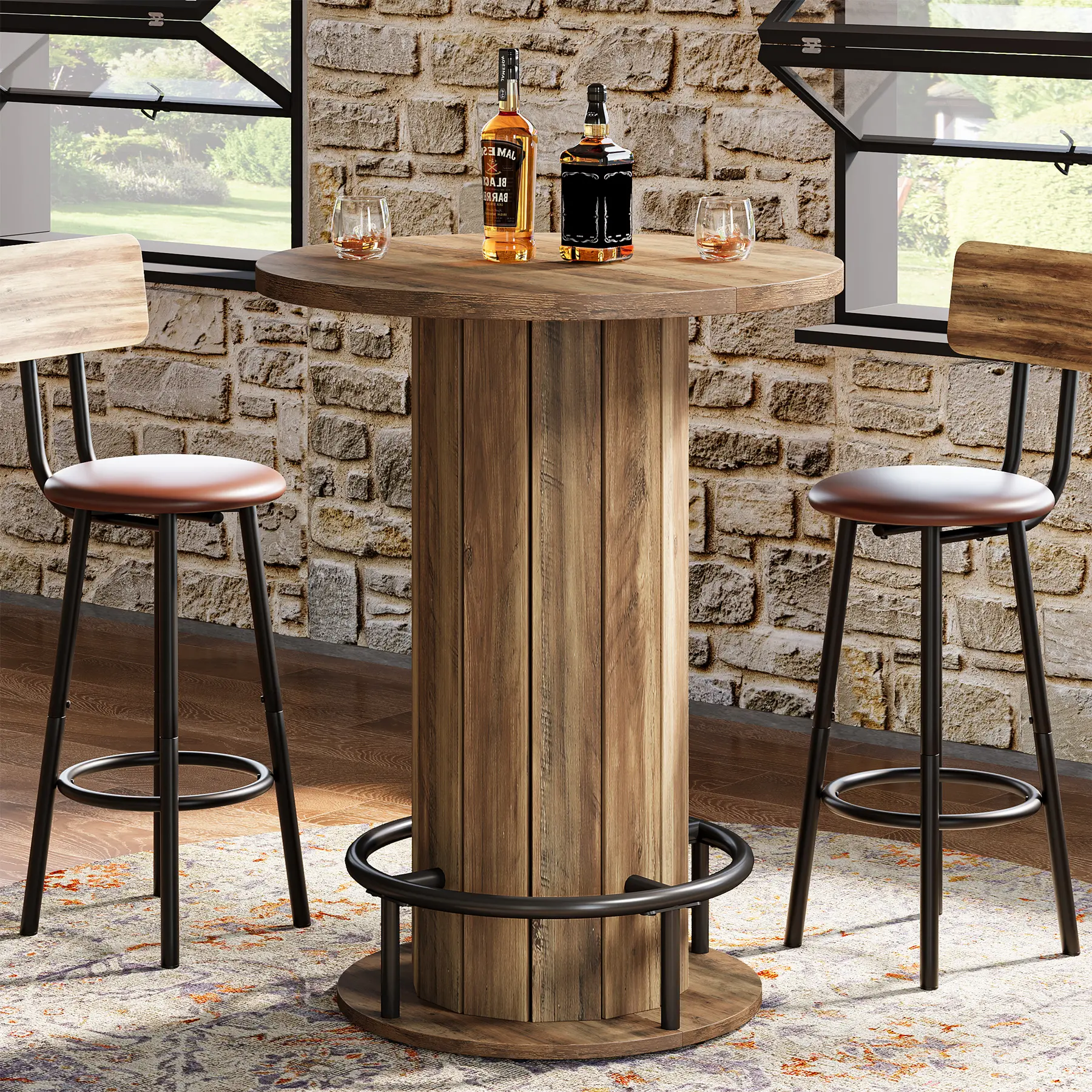 Tribesigns Round Bar Table, 39.4" H Wood Bistro Pub Table with Metal Ring Footrest for Dining Coffee Cocktail Living Room, Small Space, Brown(Only Table)
