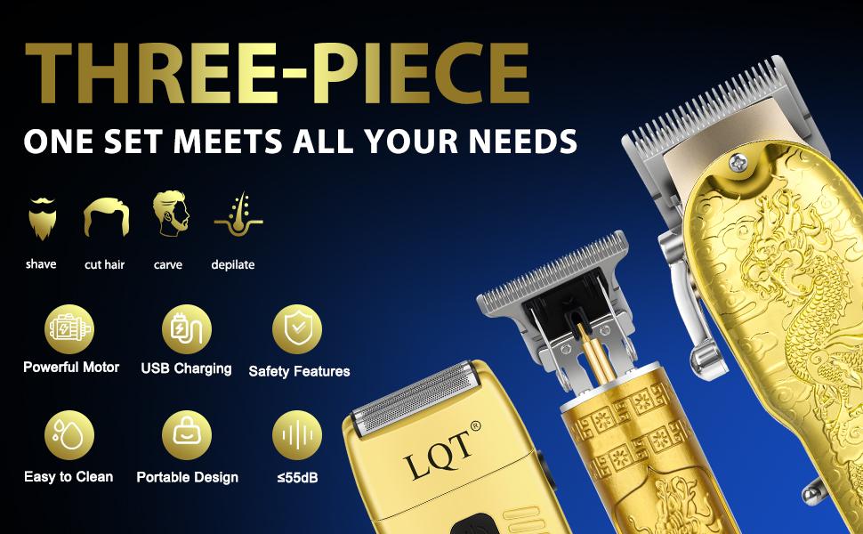 LQT Luxury Golden Dragon Engraved 3-in-1 Men's Grooming Kit, Cordless Hair Clipper with LCD Display, T-Blade Trimmer & Electric Shaver, Complete Rechargeable Barber Set with Scissors, Cape & Full Accessories for Home Salon, Fades, Edges & Beard Shaping