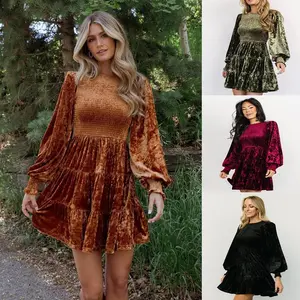 Women'sFallWinterCrushedVelvetDressLongSleeveCrewNeckElasticSmockedA-LineTieredRuffleMiniDress