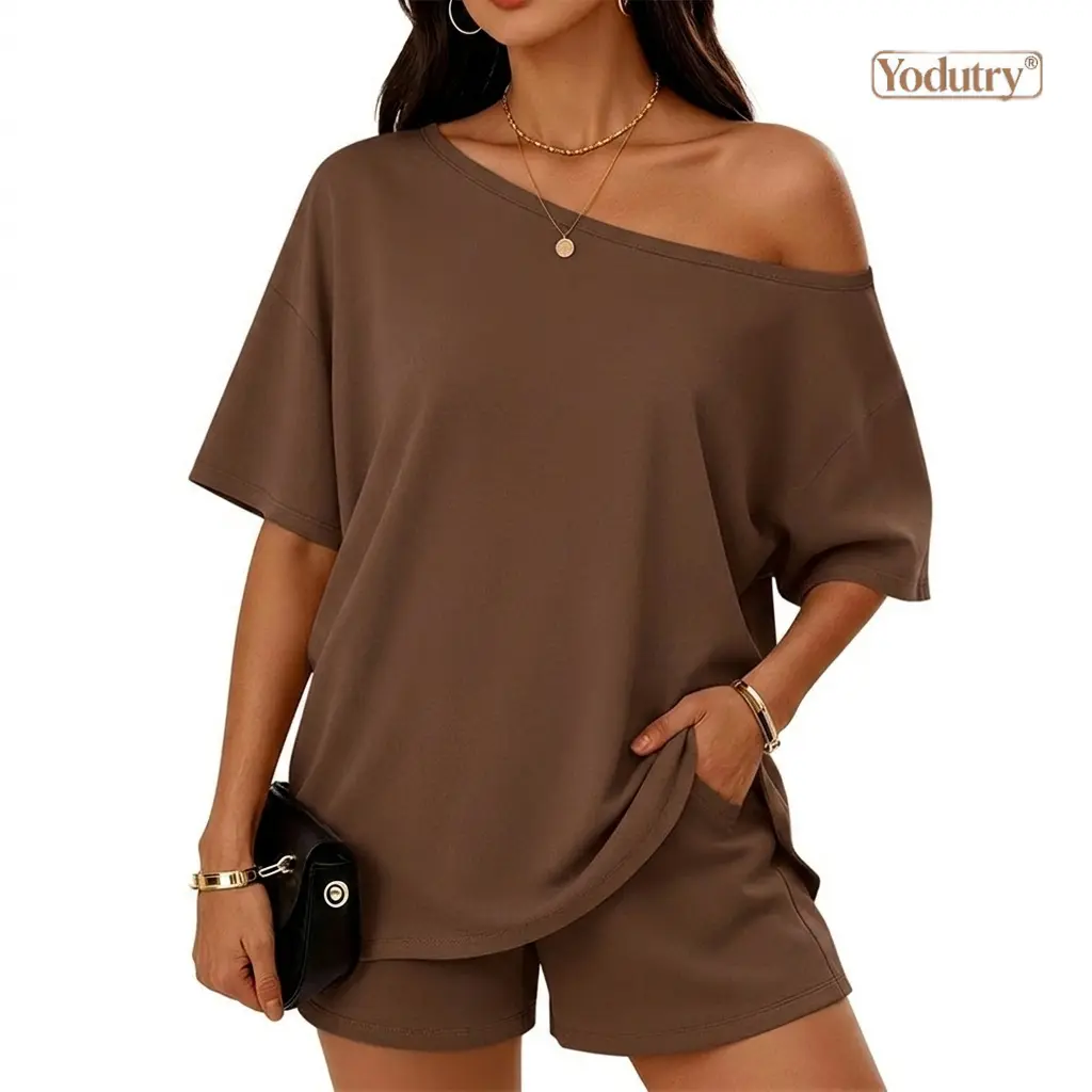 Yodutry Women's Casual Two-Piece Loungewear Set — Off-Shoulder Top and Slim-Fit Shorts (Spring/Summer Style)