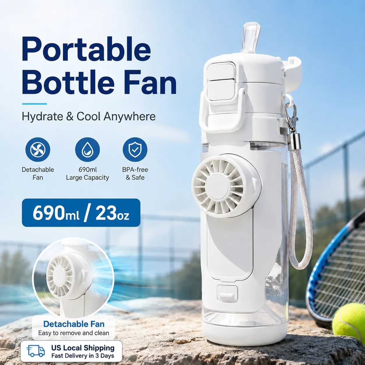 690ml Cooling Water Bottle with Built-In Fan, Stainless Steel Tumbler with 3-Speed USB Rechargeable Foldable Fan, Back to School College Dorm Essentials, Silicone Straw Cup for Girls Summer Outdoor, Unisex