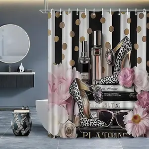 Women's High-Heeled Luxury Makeup Shoes Set, Waterproof Shower Curtain Sets & Toilet Mat Rug Kit, Leopard Print Dot Floral Flower Decor