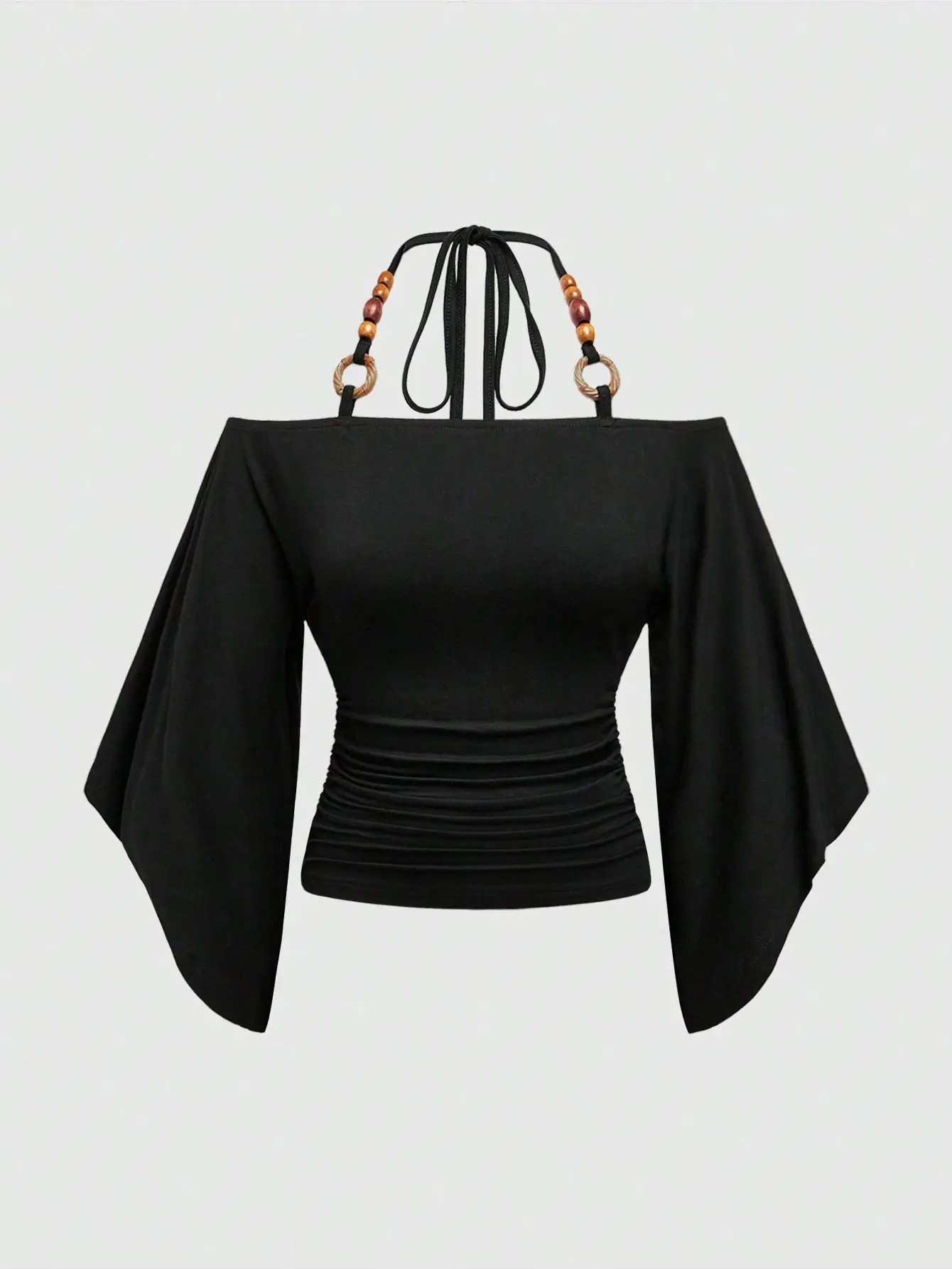 AESS Vintage Oversized Off Shoulder Wooden Bead Decor Flounce Sleeve Women T-Shirt Black Casual Summer Top Boho Outfit