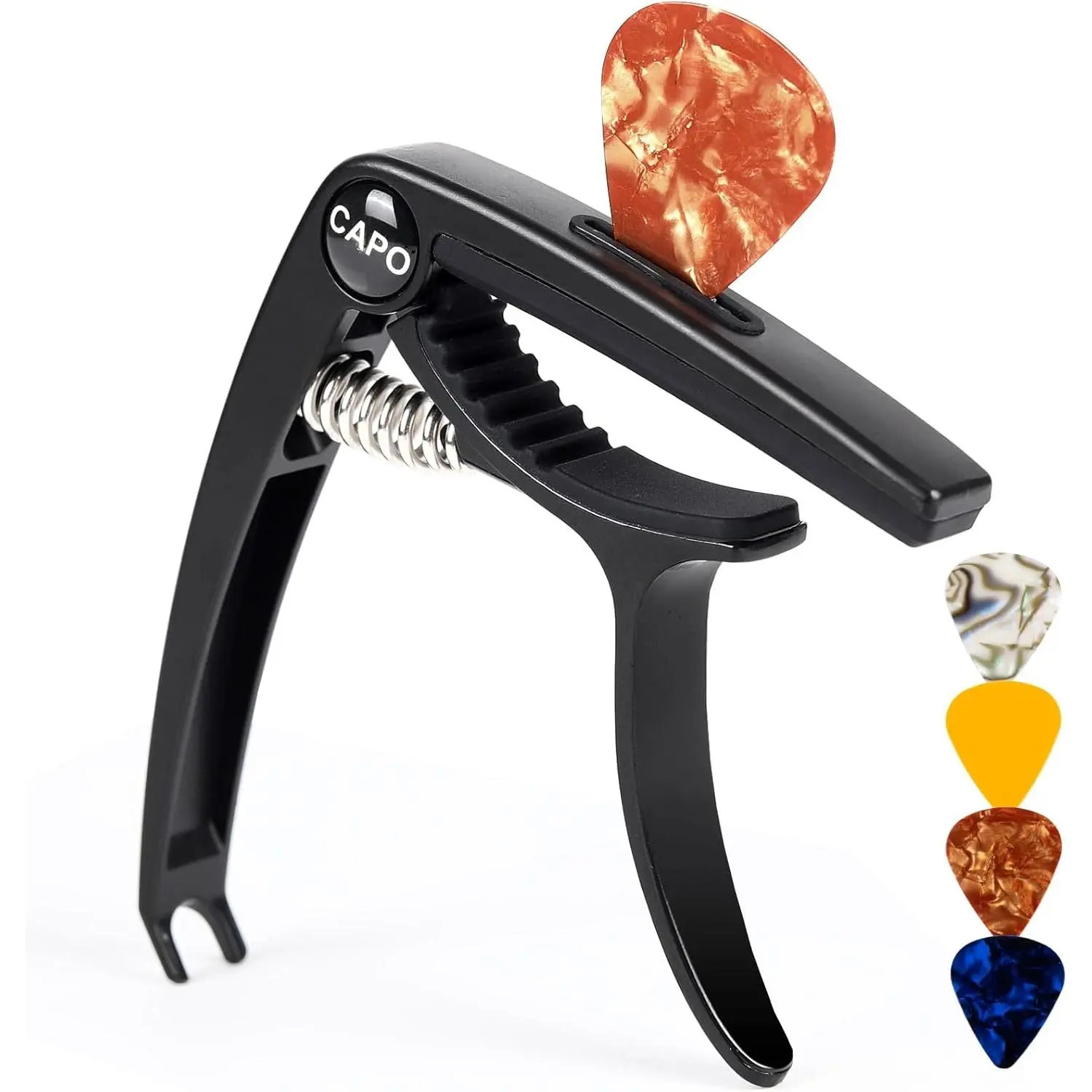 Professional 6-String Guitar Capo for Acoustic & Electric Guitars - Guitar Accessories with Universal Clamp & 4  Picks - Compatible with Ukulele, Mandolin, Banjo (Black)