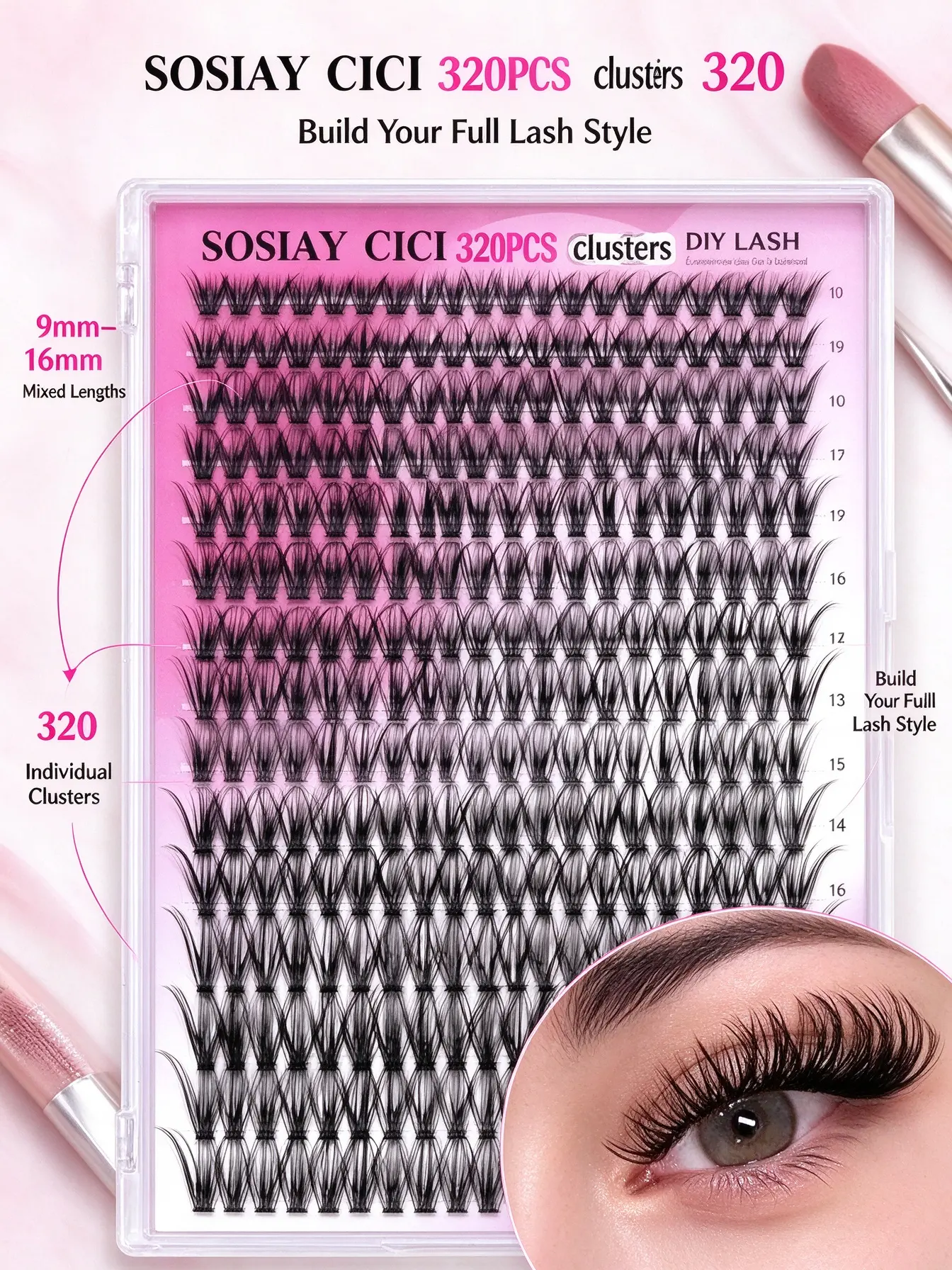 SOSIAY CICI 320PCS Clusters 320 DIY Lash 9mm-16mm Mixed Lengths Build Your Full Lash Style Individual Clusters