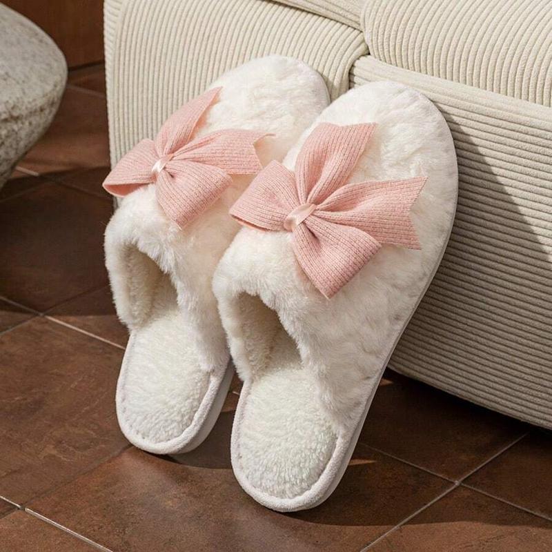 Women's Cute Bow Knot Slippers, Fall & Winter Cartoon Thick Sole Comfortable Cotton Shoes, Sweet Style Home Wear, Plush Upper Material, Slippers Indoor
