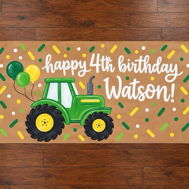 Personalized Tractor Farm Birthday Banner, Hand Painted Party Animals Kraft Paper Backdrop