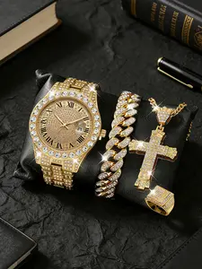 Men's Watch Set Including Necklace Bracelet Ring, Rhinestone Analog Quartz Wristwatch, Business Casual Jewelry Gift