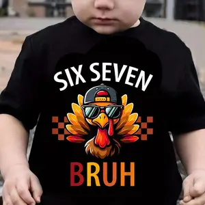 Thanksgiving Day 67 Kids T-shirt, Cute Cotton little children with "SIX SEVEN BRUH" Print, Round Neck, Six Seven Bruh 6 7 Meme Turkey Thanksgiving  Cartoon short sleeves  with cute turkey print Special Thanksgiving outfits designed for little childs