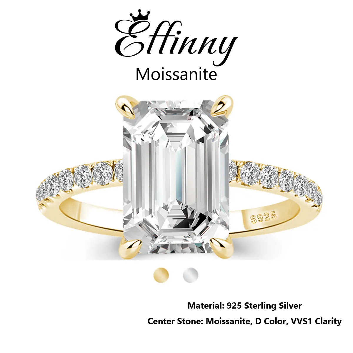 Effinny Female Moissanite Rings - 3.5 Carat Excellent Emerald Cut Solitaire, D Color VVS1, 14K Gold-Plated Engagement Wedding Bands, Women's Daily & Wedding Jewelry