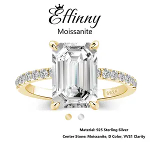 Effinny Synthetic Moissanite 3.5 Carat Excellent Rectangle Cut 14K Golden Plated Engagement Ring, D Color VVS1 Sterling Silver Women's Jewelry for Daily, Wedding, Party