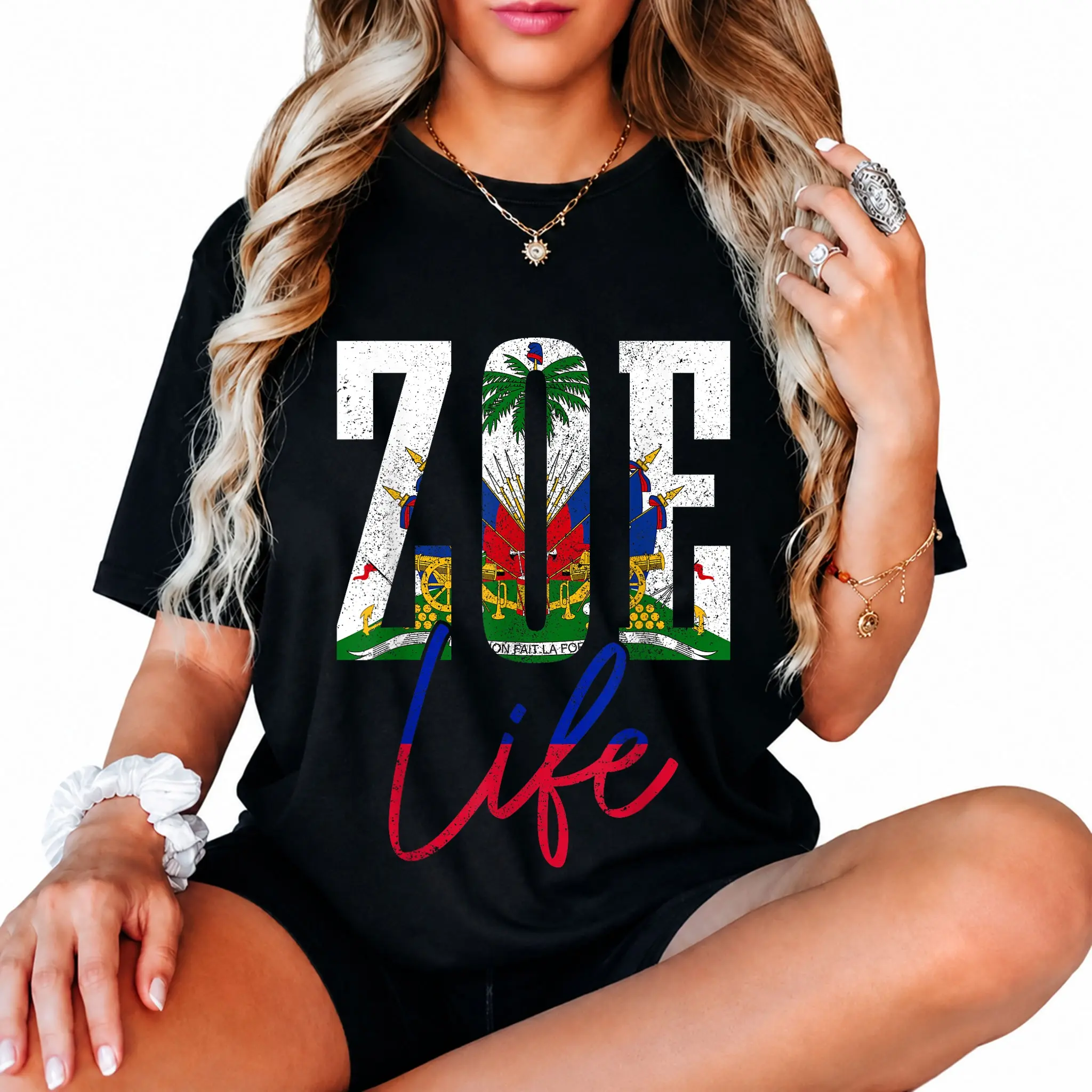 Women's Haitian Flag Graphic T-Shirt - 100% Cotton Vintage Short Sleeve Round Neck Distressed Tops, Large Size Haiti Pride Tee for Holiday Casual Wear & Playful Look, Crew Neck
