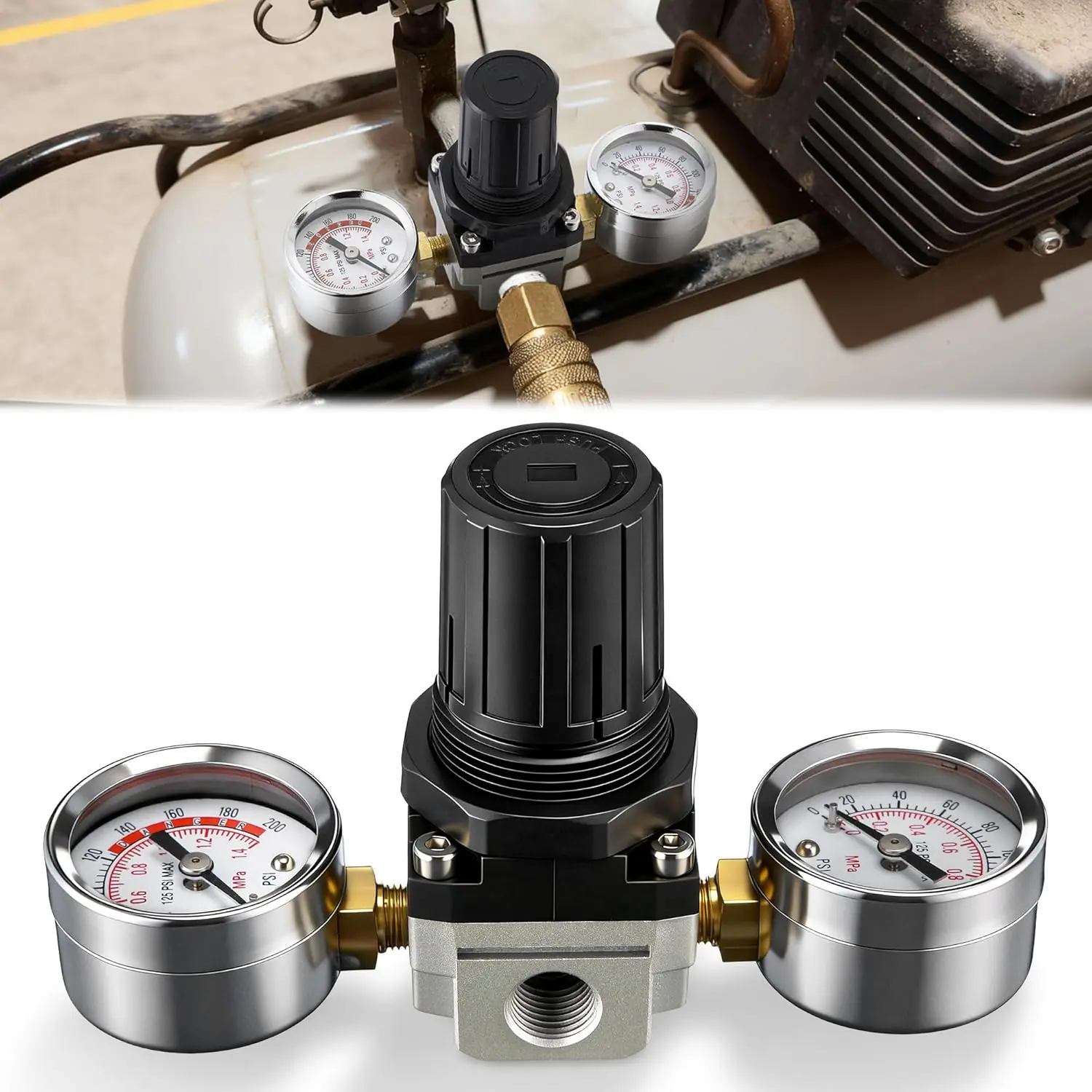 Dreyoo Air Regulator with 0-200 PSI Gauge, Compatible with Craftsman/Dewalt/Devilbiss Air Compressor, 4 Port Regulator 0-150 PSI Adjustable, 1/4 NPT Inlet/Outlet, 1/8 NPT Gauge Port