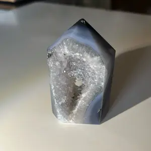 Dersey Aged Agate Tower - Unique Geode Stone with Clear and Blue Transparency, Natural Shape, and Aged Finish