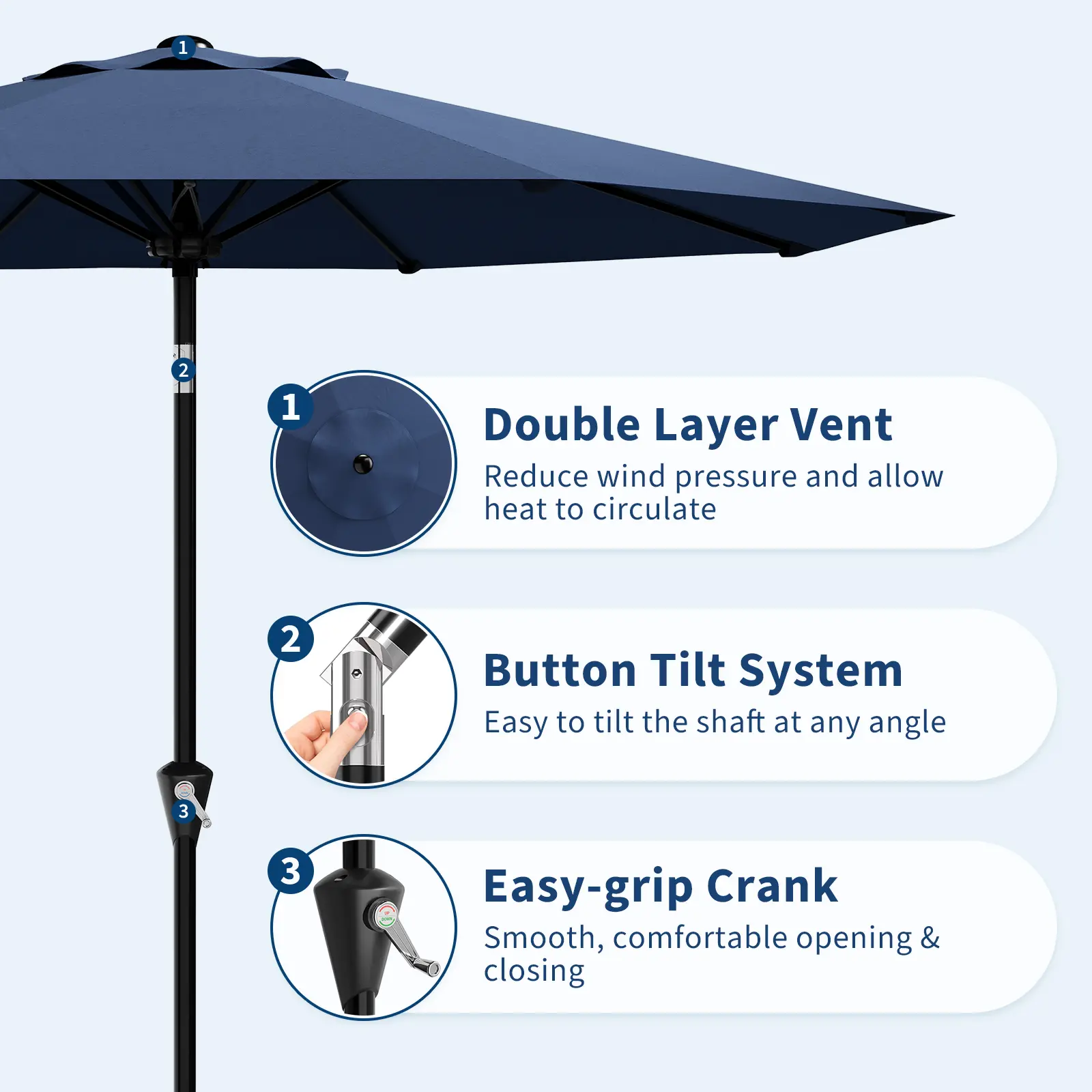 9FT Outdoor Patio Umbrella – UV Protection, Crank Lift & Push Button Tilt, 8 Sturdy Iron Ribs, Waterproof Polyester, For Yard Deck Pool