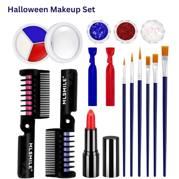 Halloween Clown Makeup Kit, Complete Face Paint Set with Hair Color Wax Sticks, Glitter Makeup, Lipstick, Brushes & Accessories for Cosplay Party